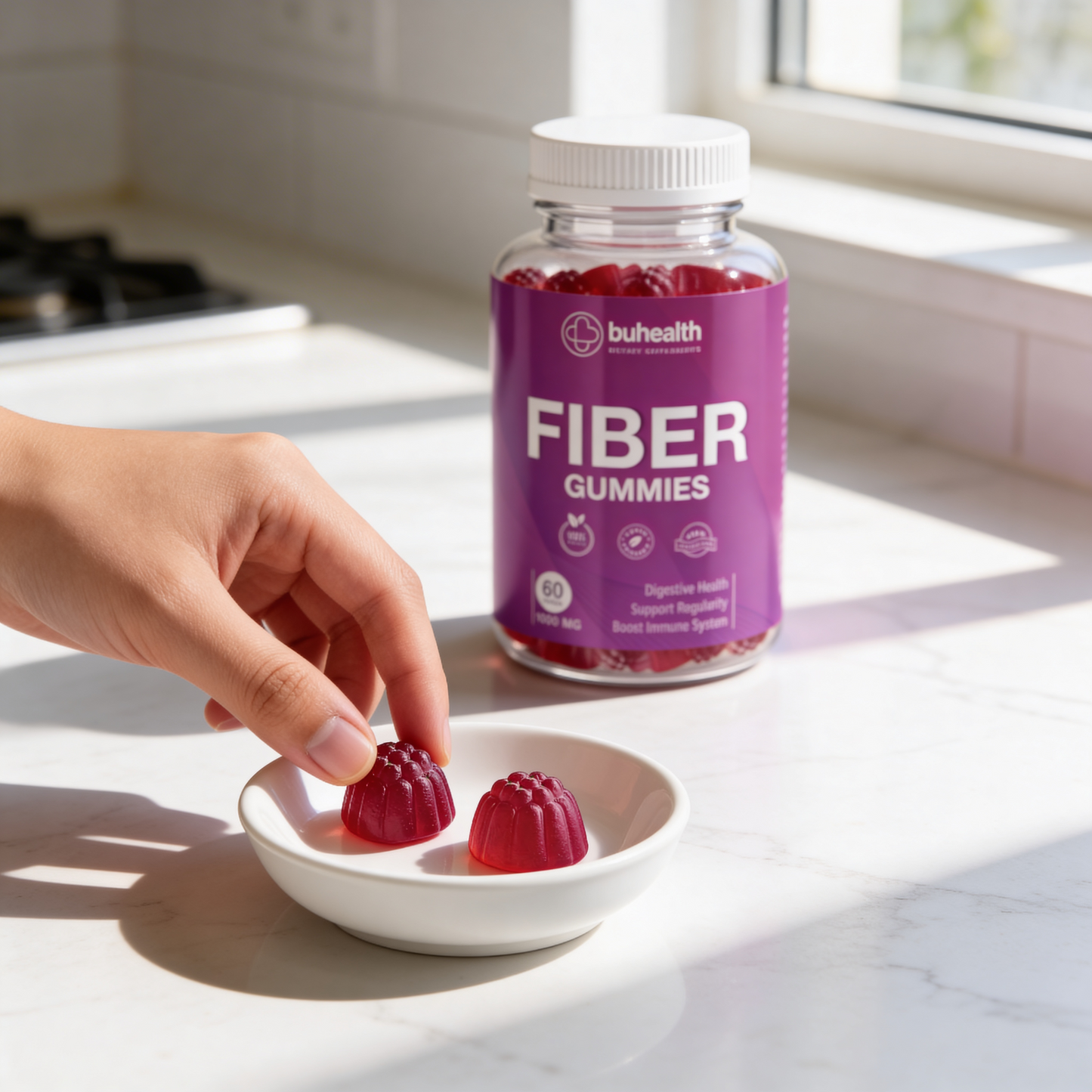 Fiber Gummies 1000 mg – 60 Vegan Gummies – Digestive Health Support – Supports Regularity, Gut Wellness & Daily Fiber Supplement – Gluten Free, Natural Berry Flavor