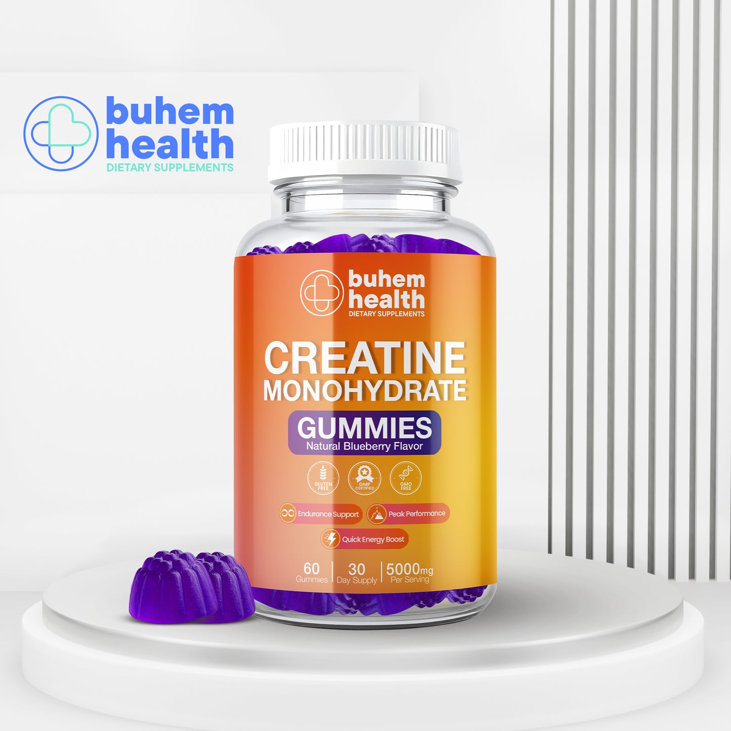 Creatine Monohydrate Gummies – Natural Blueberry Flavor | 5000mg Per Serving | 60 Gummies