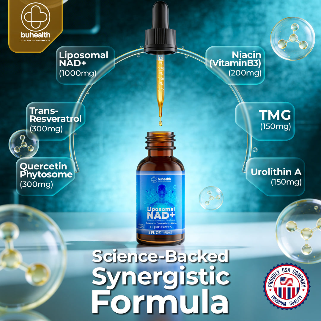 Liposomal NAD+ Liquid Drops | Resveratrol, Quercetin & Urolithin A | 2 FL OZ (60ml) | Formaldehyde-Free, Alcohol-Free, Non-GMO