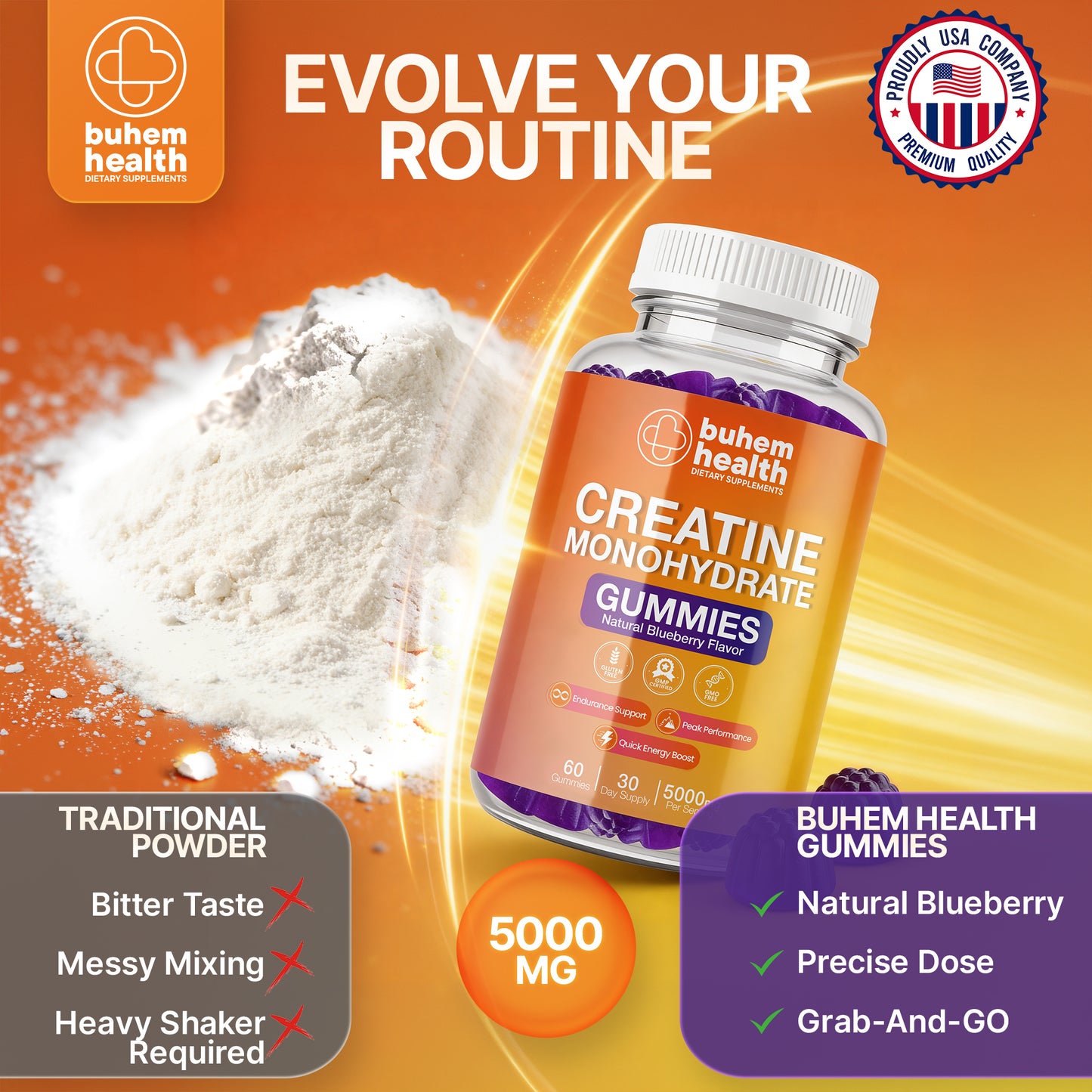 Creatine Monohydrate Gummies – Natural Blueberry Flavor | 5000mg Per Serving | 60 Gummies
