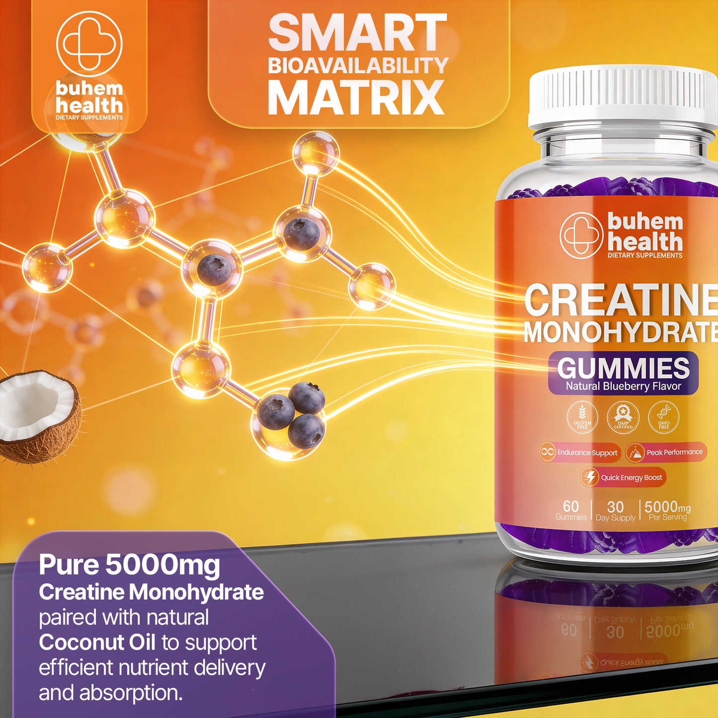 Creatine Monohydrate Gummies – Natural Blueberry Flavor | 5000mg Per Serving | 60 Gummies