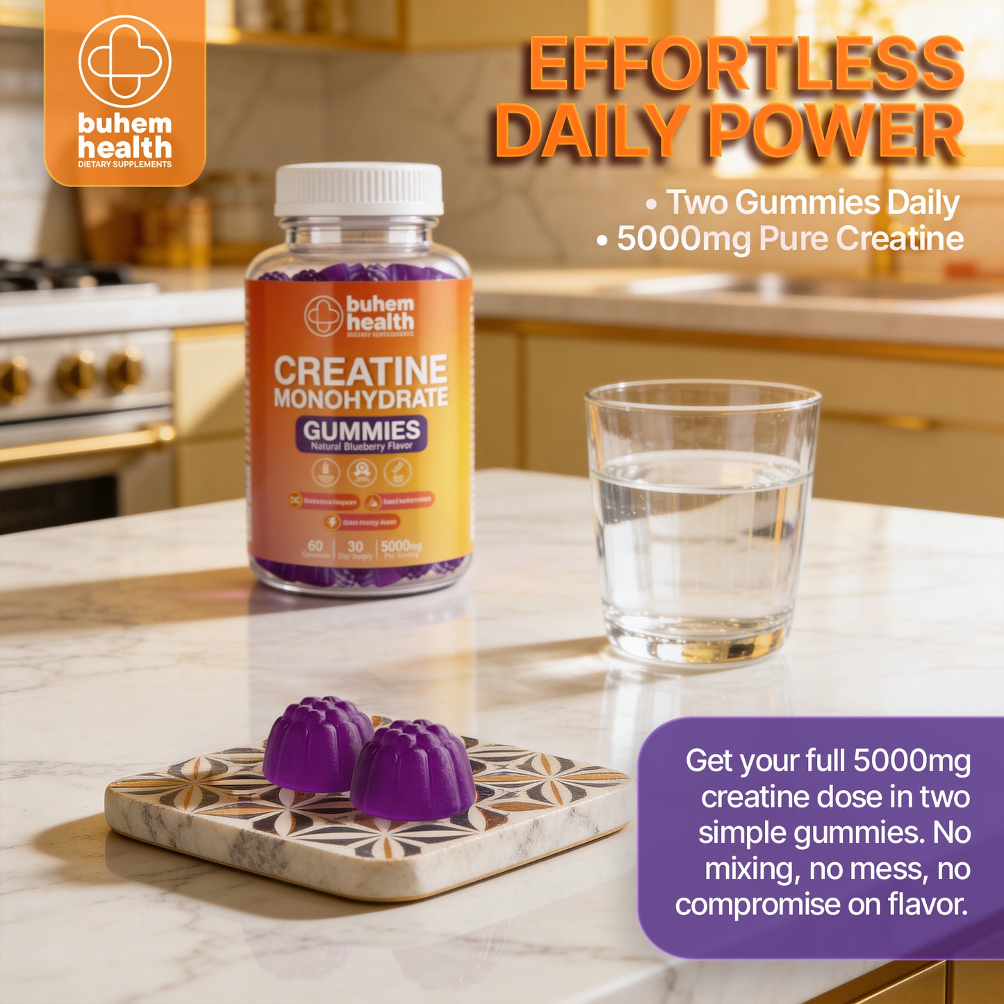Creatine Monohydrate Gummies – Natural Blueberry Flavor | 5000mg Per Serving | 60 Gummies