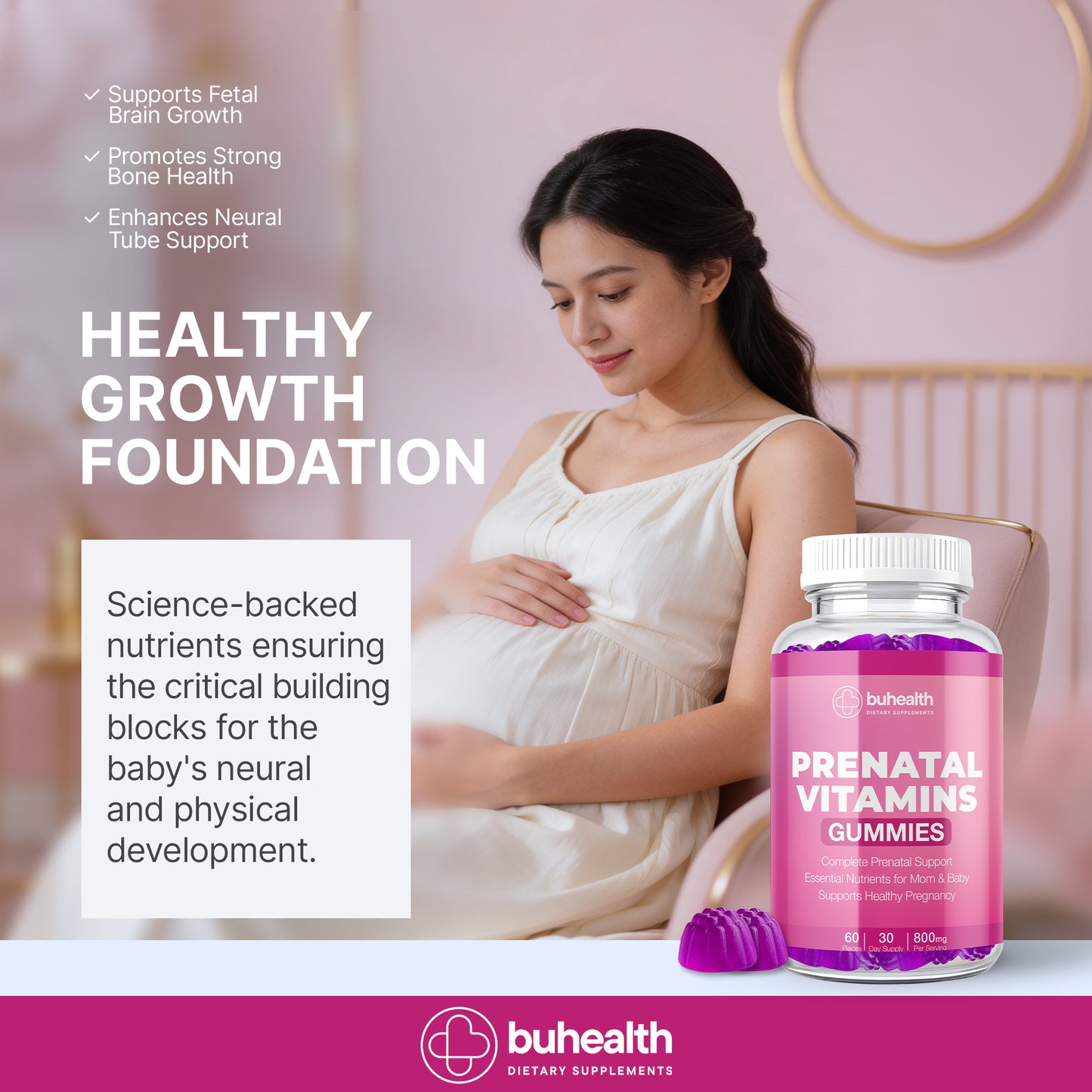 Prenatal Vitamin Gummies – Complete Prenatal Support, Mom & Baby Wellness, 60 Count (30 Day Supply, 800 mg)