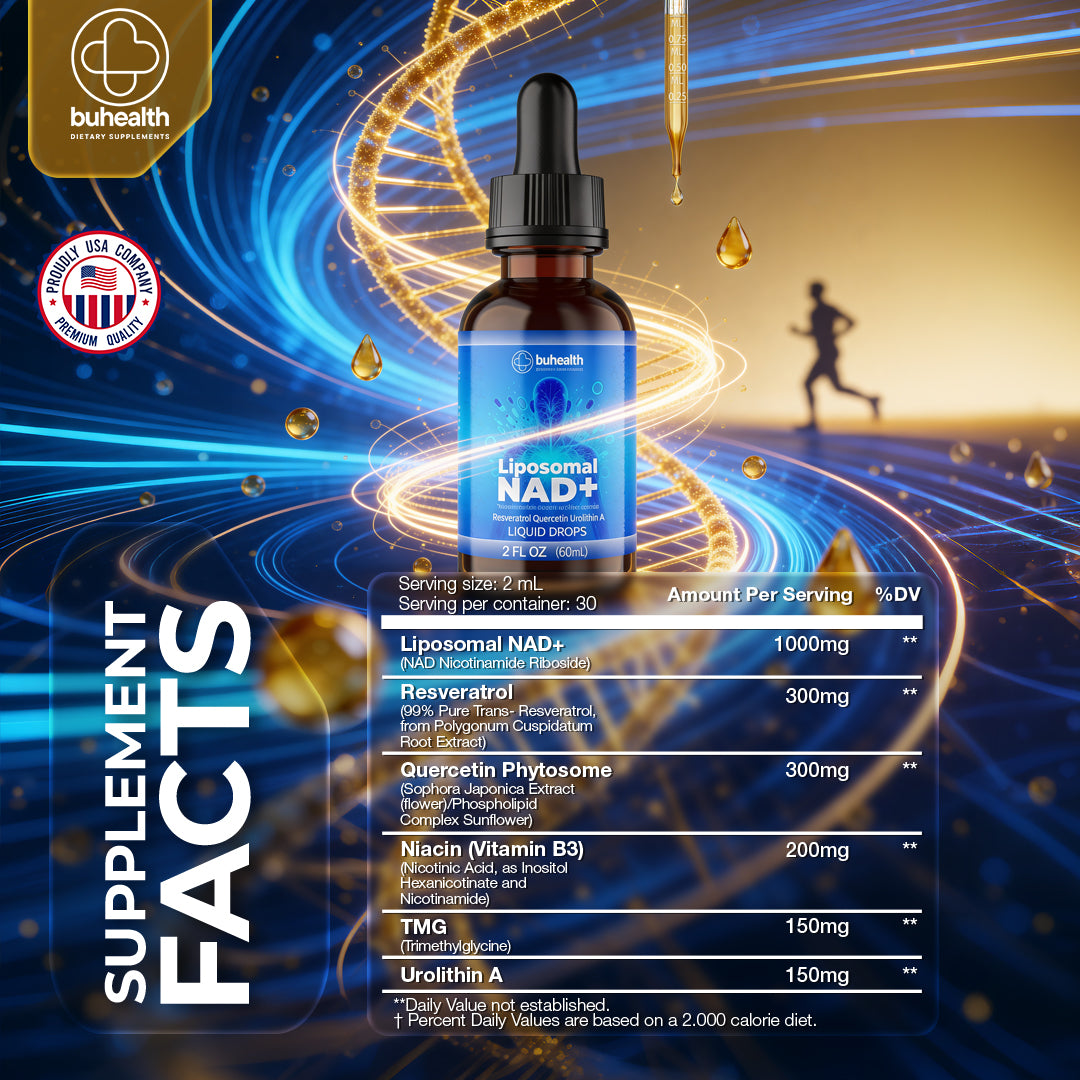 Liposomal NAD+ Liquid Drops | Resveratrol, Quercetin & Urolithin A | 2 FL OZ (60ml) | Formaldehyde-Free, Alcohol-Free, Non-GMO