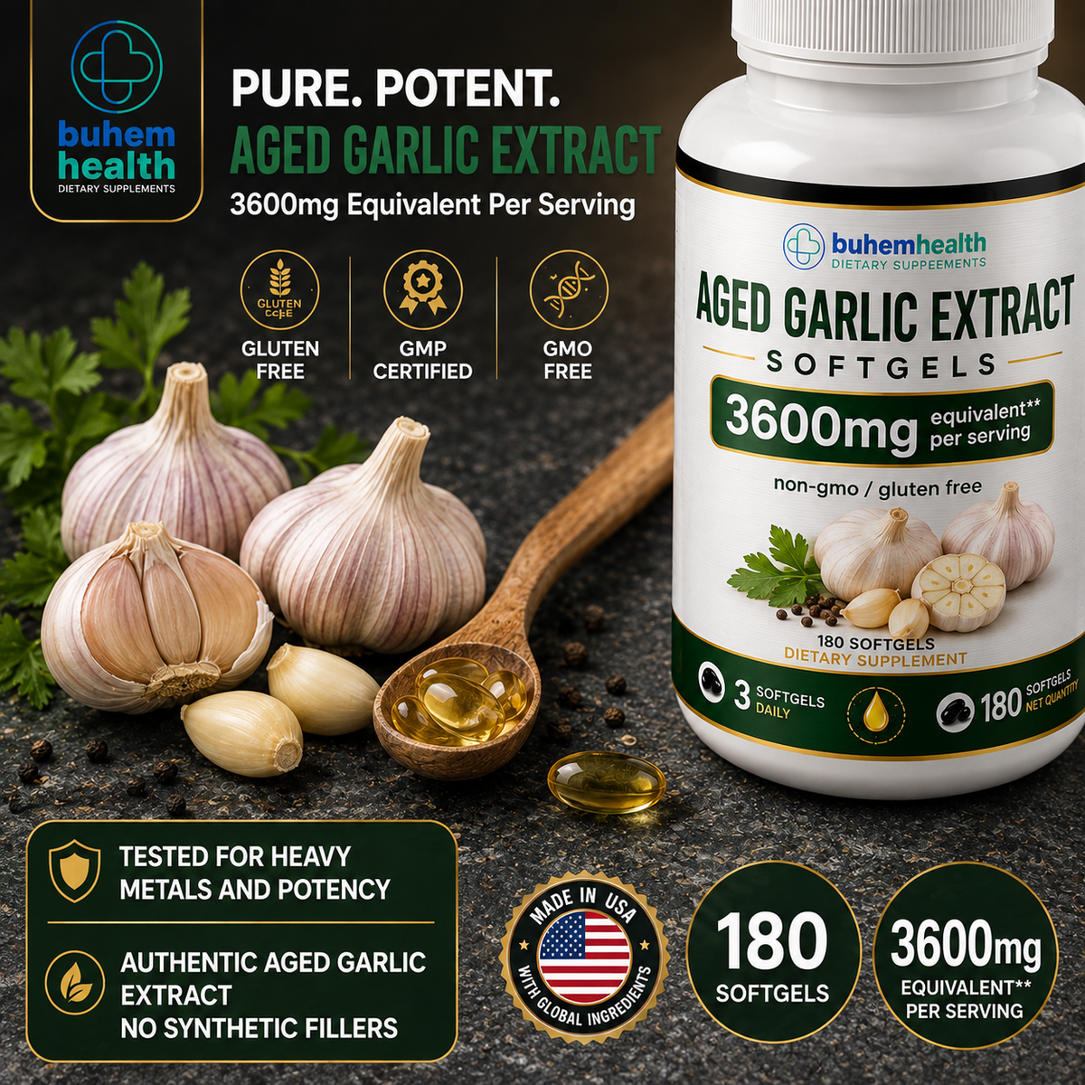 Aged Garlic Extract Softgels 3600mg - 180 Ct | Odorless