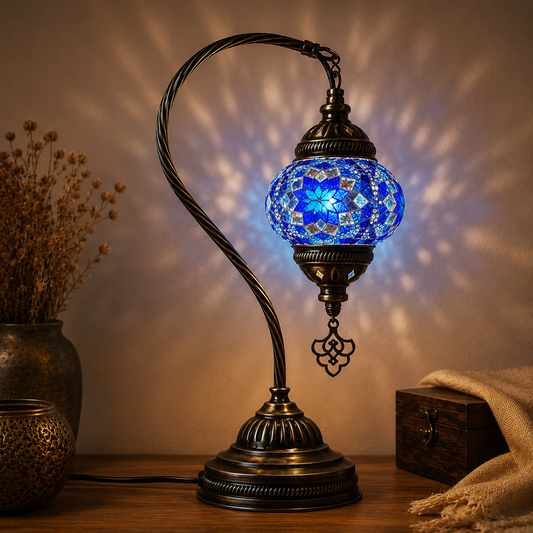 Buhem Light Turkish Moroccan Lamp with Bronze Base 3 Color Options Handmade Swan Neck Blue Mosaic Glass Bedside Lamps for Bedroom (LED Bulb Included)