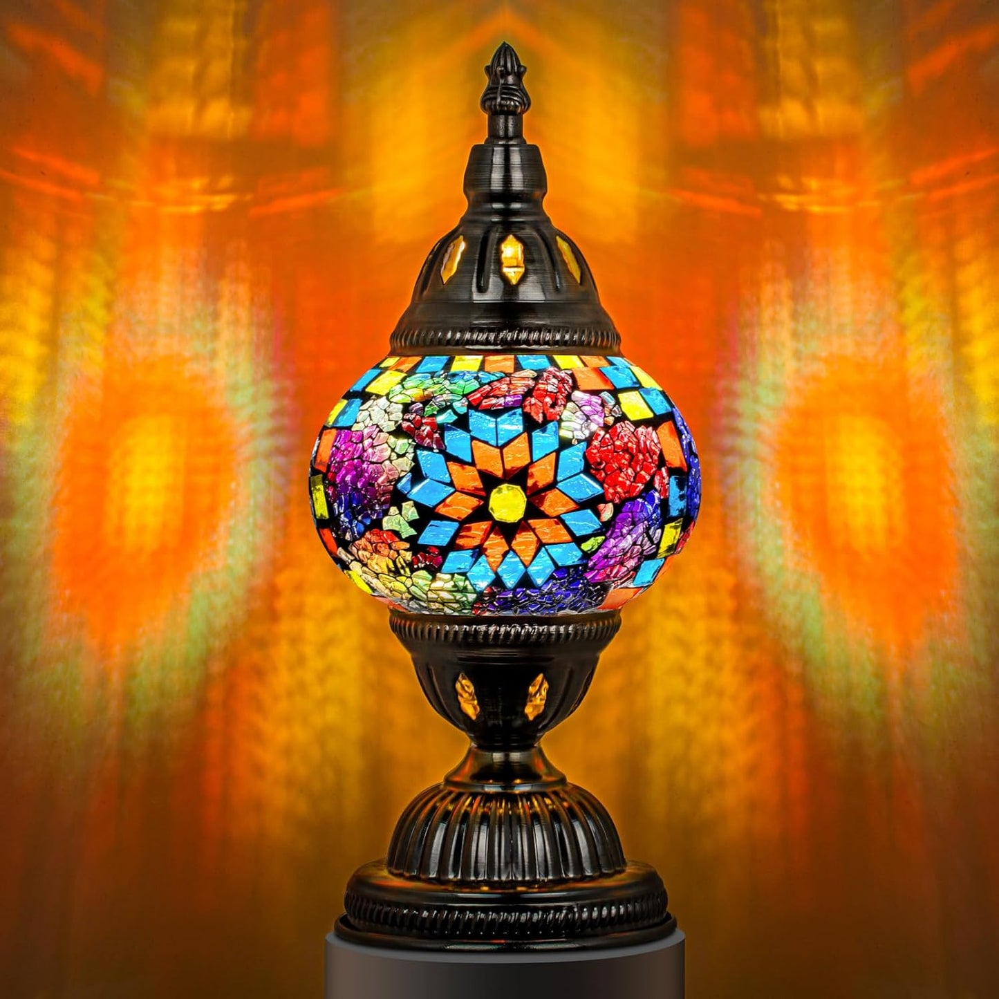 Buhem Light Tiffany Lamp Turkish Table Lamps with Vintage Style, Handmade Moroccan Mosaic Lamp with Bronze Base Including LED Bulb for Living Room Bedroom Decor (Orange)