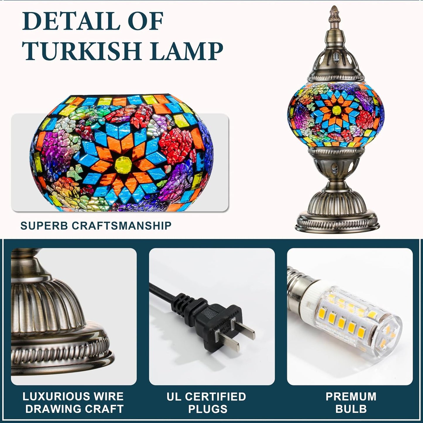 Buhem Light Tiffany Lamp Turkish Table Lamps with Vintage Style, Handmade Moroccan Mosaic Lamp with Bronze Base Including LED Bulb for Living Room Bedroom Decor (Orange)