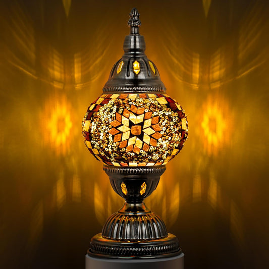 Turkish Mosaic Orange Table Lamp with Vintage Style, Handmade Moroccan Mosaic Lamp with Bronze Base Including LED Bulb for Living Room Bedroom Decor (Orange)