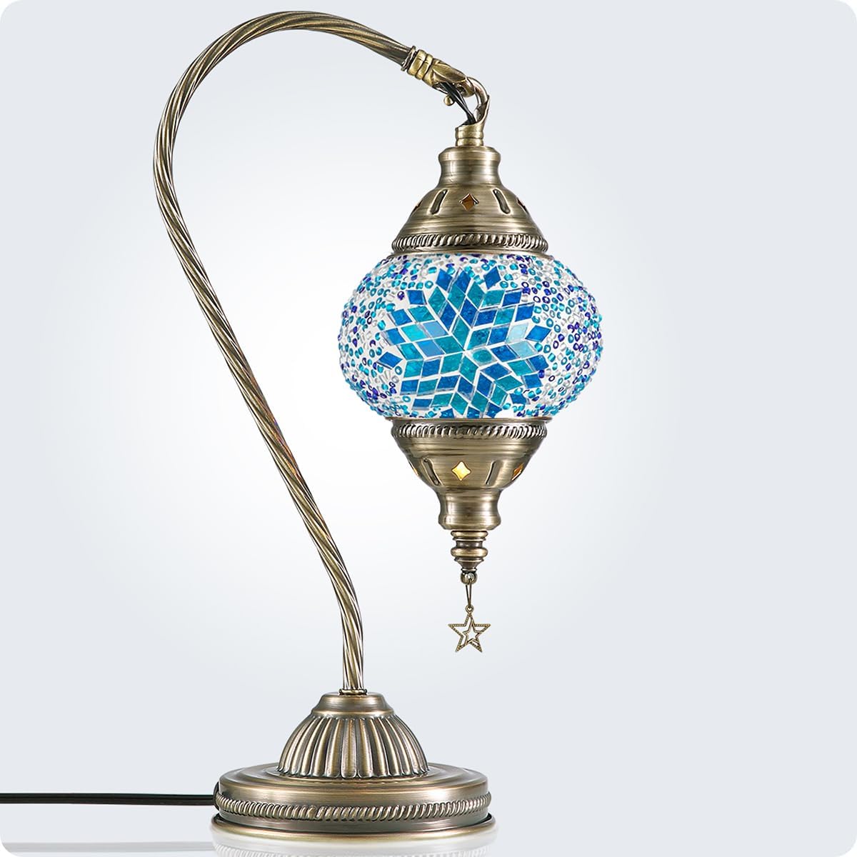 Buhem Light Turkish Moroccan Lamp with Bronze Base 3 Color Options Handmade Swan Neck Blue Mosaic Glass Bedside Lamps for Bedroom (LED Bulb Included)