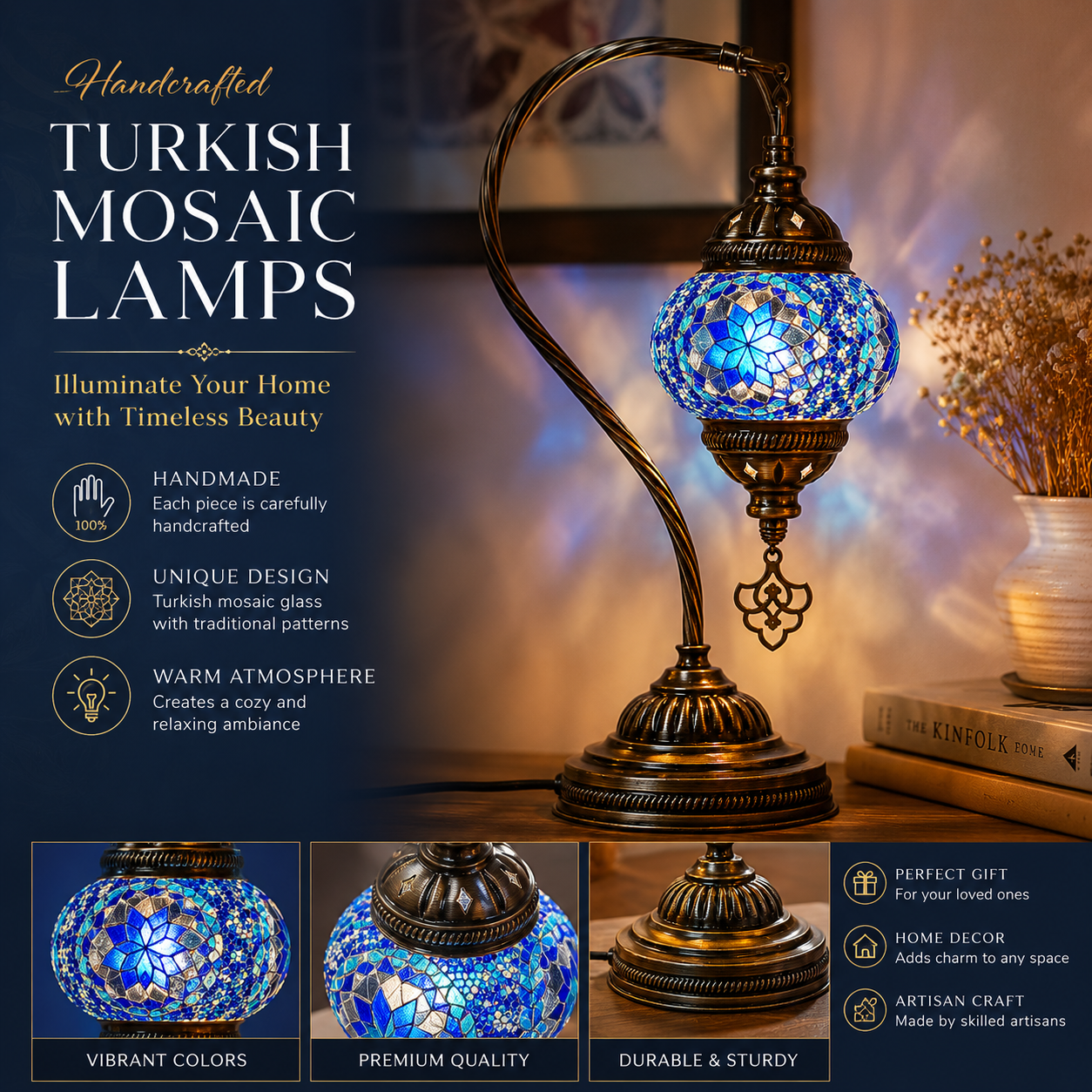 Turkish Mosaic Lamp Blue Style Handmade Swan Neck Table Lamp, Made in Turkey, Antique Bronze Glass Bedside Lamp, Boho Home Decor Gift