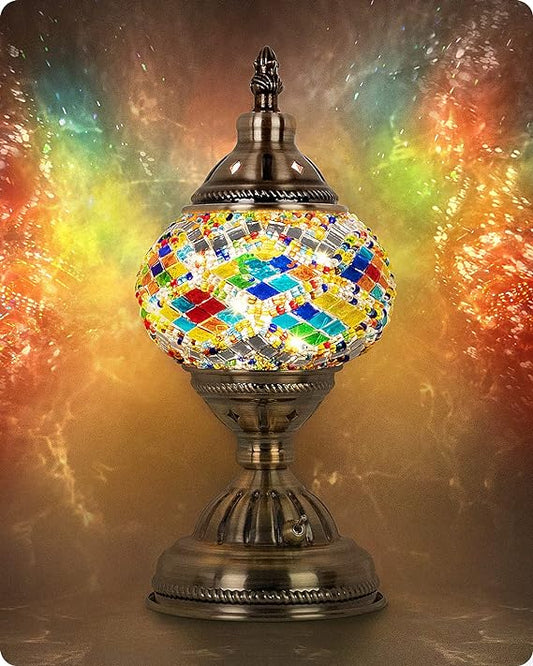 Buhem Light Yarra-Decor Turkish Moroccan Lamp with Bronze Base Handmade Tiffany Mosaic Glass Lamps Portable Bedside Lamps