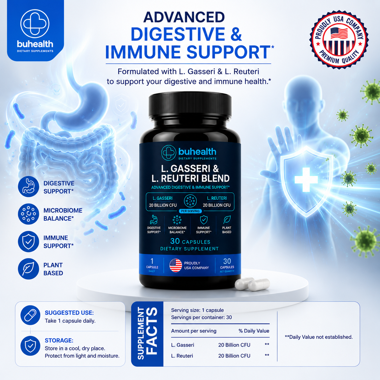 L. Gasseri & L. Reuteri Blend – Advanced Digestive & Immune Support, 30 Capsules
