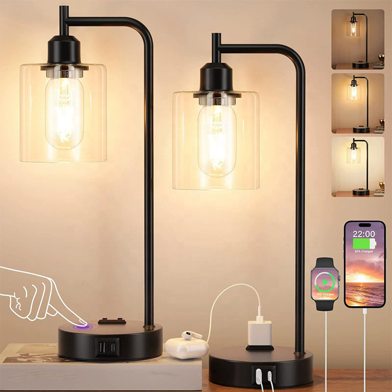 Modern Industrial Touch Control Bedside Lamp with USB Ports & AC Outlet