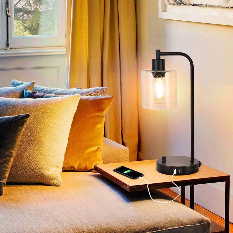 Modern Industrial Touch Control Bedside Lamp with USB Ports & AC Outlet