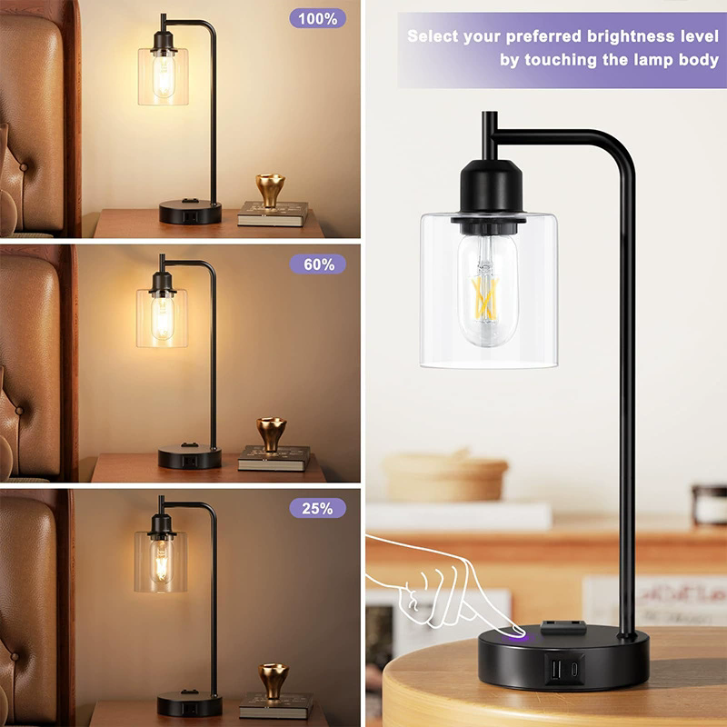 Modern Industrial Touch Control Bedside Lamp with USB Ports & AC Outlet