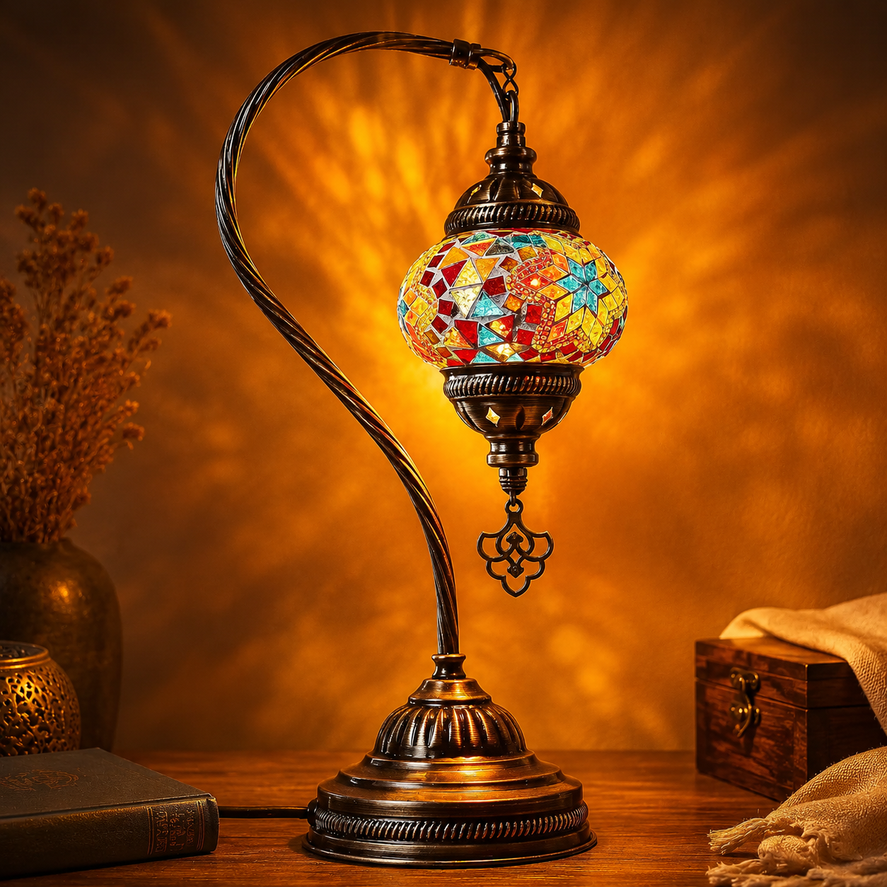 Turkish Mosaic Lamp Tiffany Style Handmade Swan Neck Table Lamp, Made in Turkey, Antique Bronze Glass Bedside Lamp, Boho Home Decor Gift