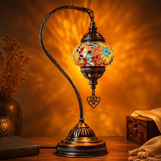 Turkish Mosaic Lamp Tiffany Style Handmade Swan Neck Table Lamp, Made in Turkey, Antique Bronze Glass Bedside Lamp, Boho Home Decor Gift